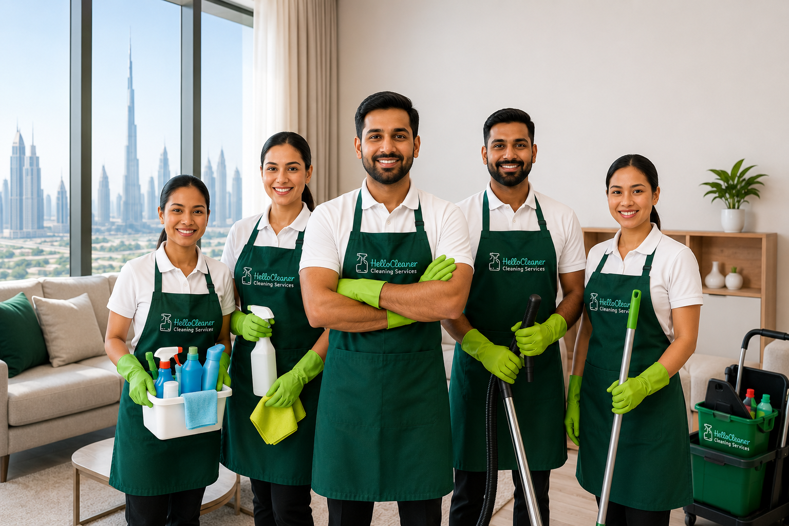 Professional cleaning team from Hello Cleaner providing home and office cleaning services in Dubai